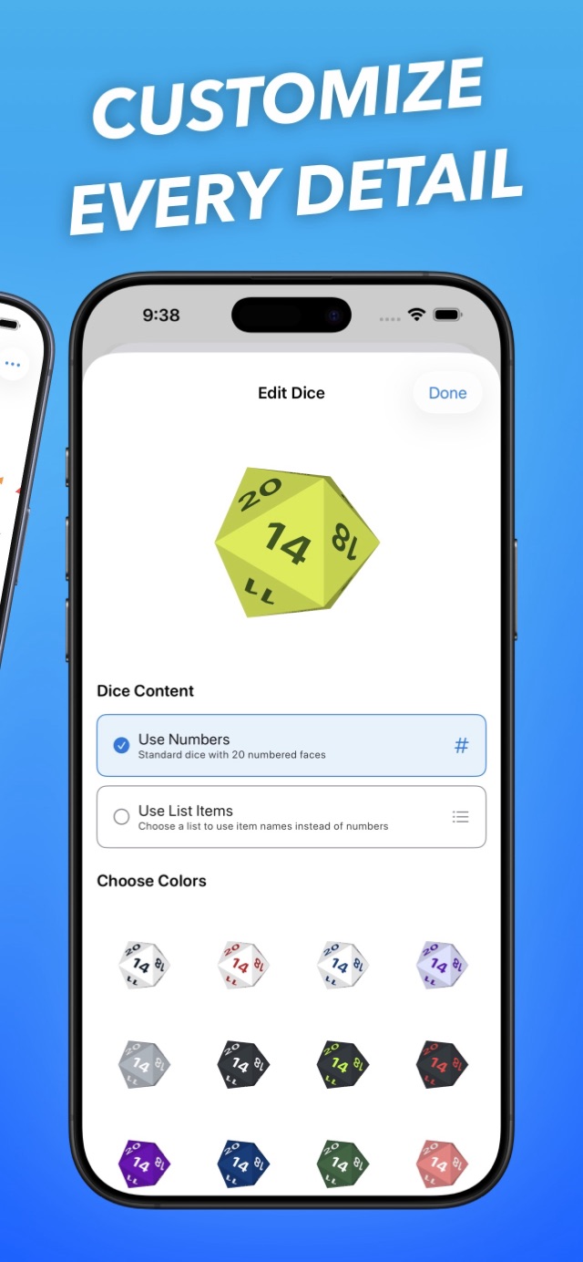 Customizing dice colors and faces