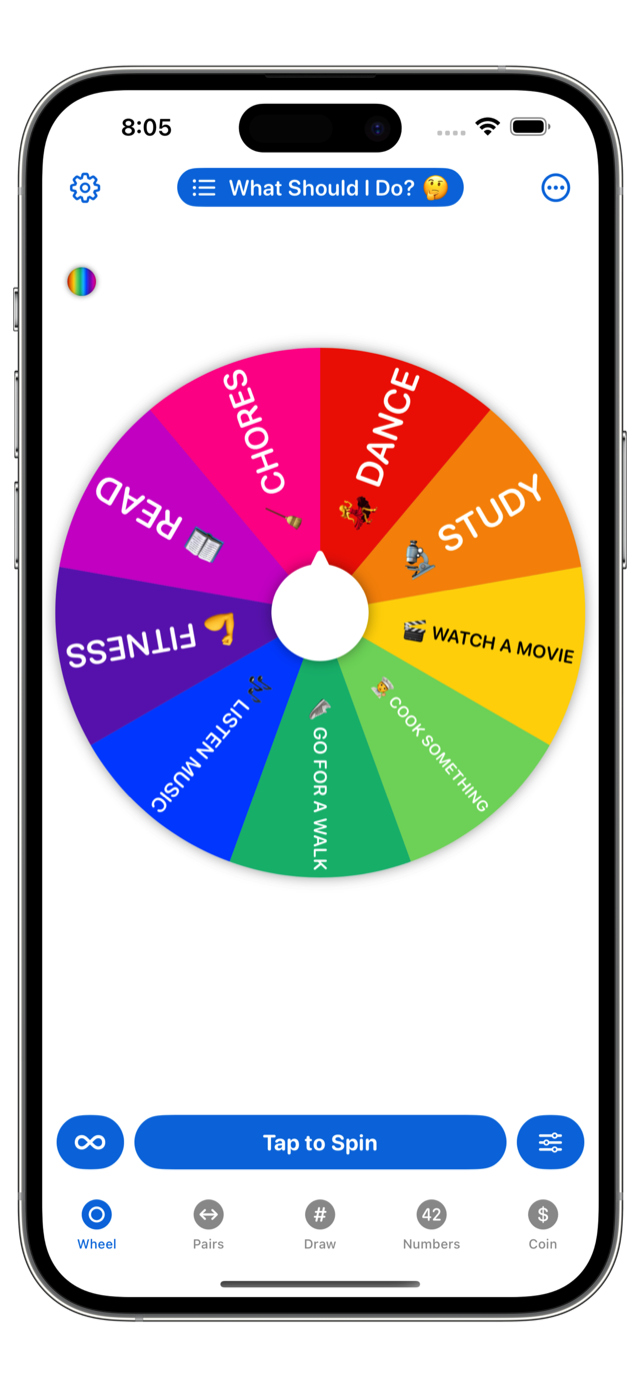 Pick Me app on iPhone spinning a colorful wheel of ideas