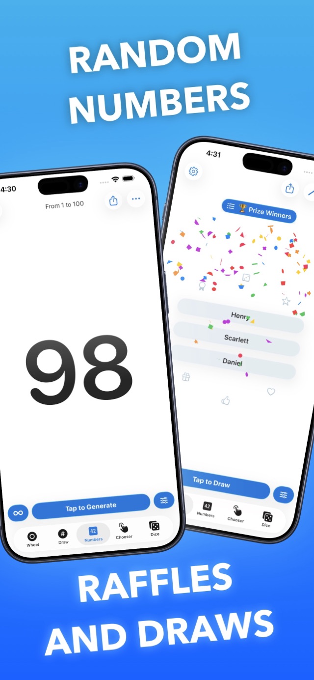 Random number generator and prize draw with confetti