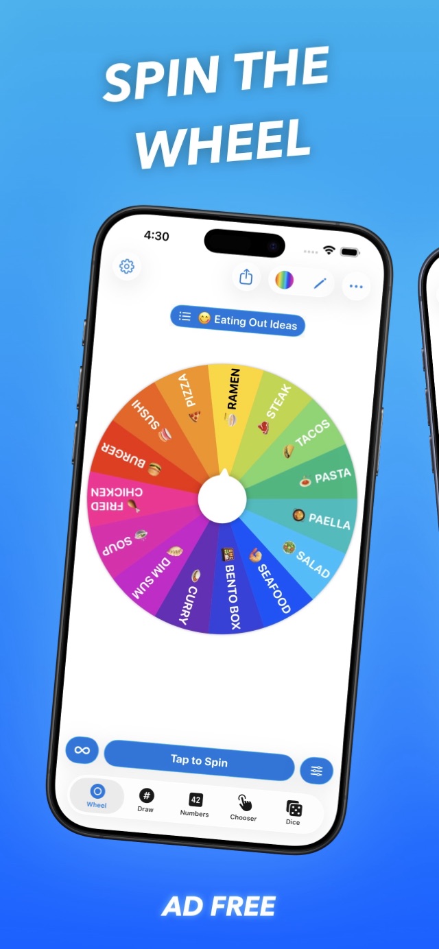 Spin the wheel screen with food ideas